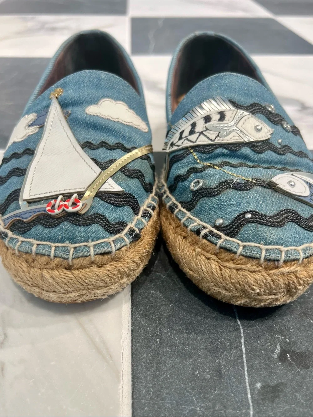 Tory Burch Blue Denim Nautical Espadrilles with Sailboat & Fish Appliqué